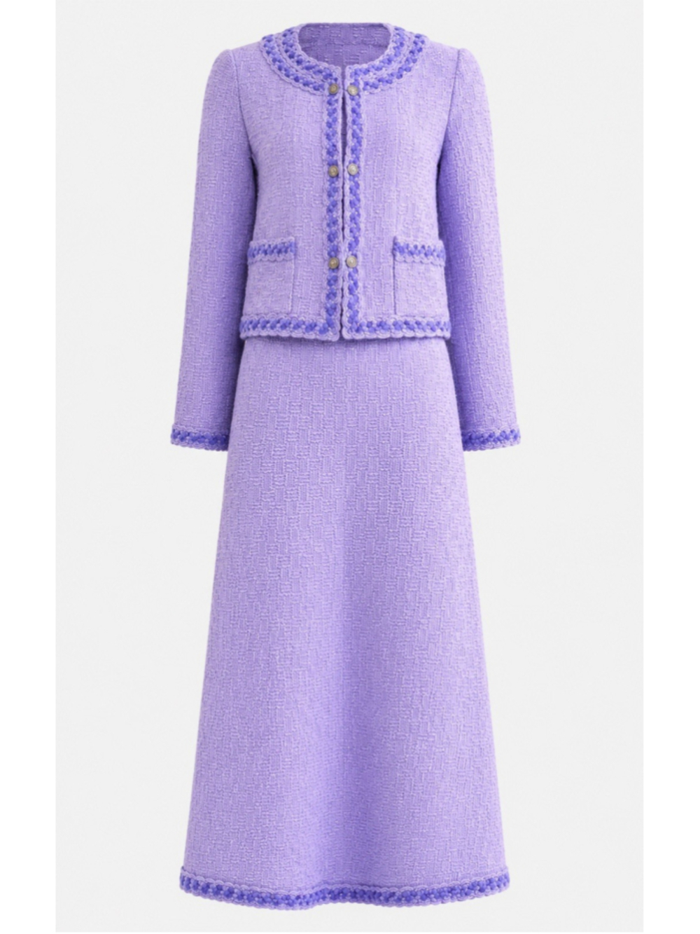 CHANEL 98A Lilac Tweed Jacket Maxi Skirt Suit Set FR 40 Karl Lagerfeld